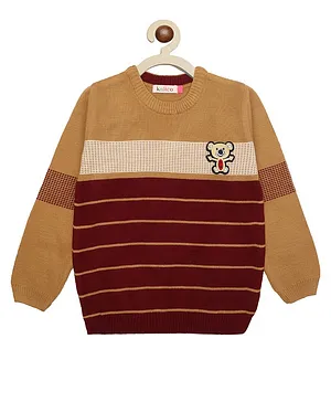 KNITCO Full Sleeves    Striped & Teddy Bear Patch Detailed  Sweater - Brown