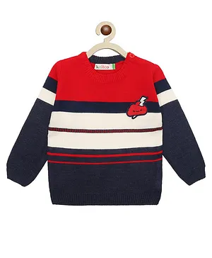 KNITCO Full Sleeves    Striped & Clouds  Patch Detailed  Sweater -  Red