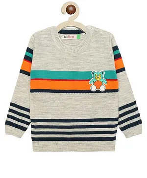 KNITCO Full Sleeves    Striped & Teddy Bear Patch Detailed  Sweater - Grey