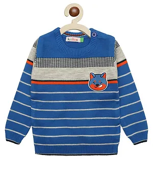 KNITCO Full Sleeves Striped & Fox Face Patch Detailed Acrylic Sweater - Blue