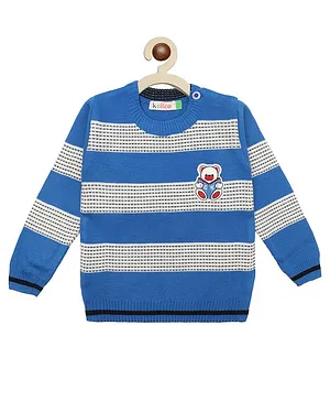 KNITCO Full Sleeves Teddy Bear Patch Detailed & Striped Designed Acrylic Sweater - Sky Blue