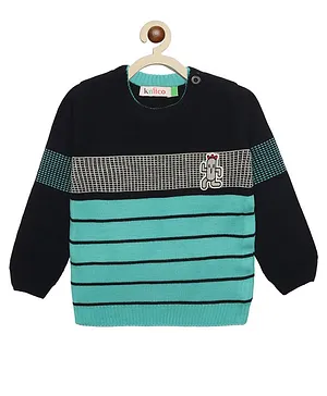 KNITCO Full Sleeves Cactus Patch Detailed & Striped Designed Acrylic Sweater - Black