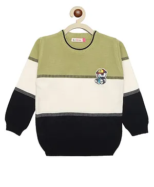 KNITCO Full Sleeves Panda Patch Detailed Colour Blocked Acrylic Sweater - Green