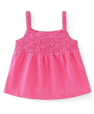 Babyhug Cotton Knit Sleeveless Singlet Top with Crotchet Detailing - Pink