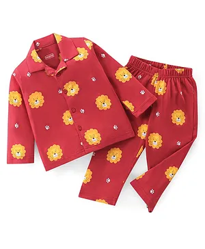 Babyhug Cotton Knit Full Sleeves Night Suit With Lion Print - Red