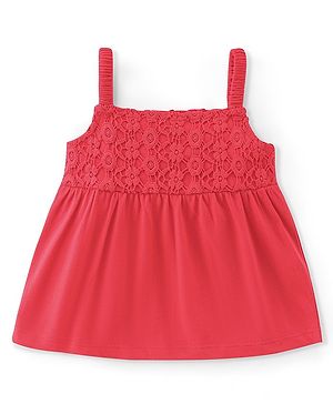 Babyhug Cotton Knit Sleeveless Singlet Top with Crotchet Detailing - Red