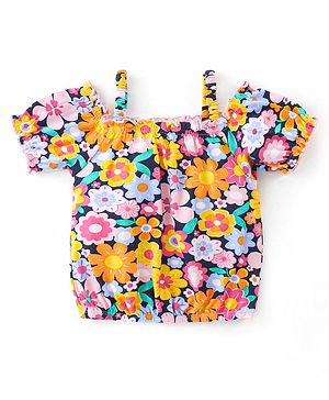 Babyhug Rayon Woven Half Sleeves Floral Printed Singlet Top - Navy Blue