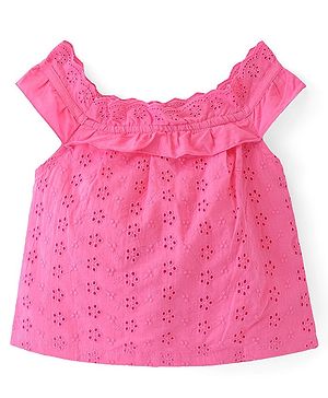 Babyhug 100% Cotton Sleeveless Schiffli Cropped Top With Frill Detailing- Pink