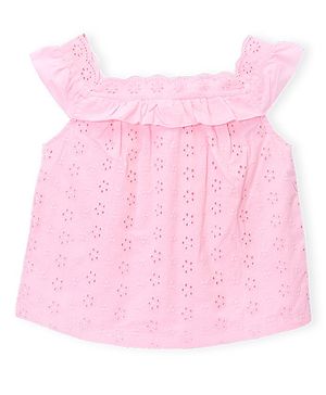 Babyhug Cotton Sleeveless Schiffli Cropped Top With Frill - Light Pink