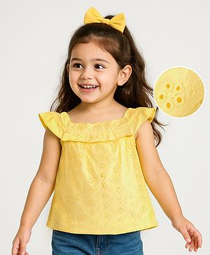 Babyhug 100% Cotton Sleeveless Schiffli Top With Frill Detailing- Yellow