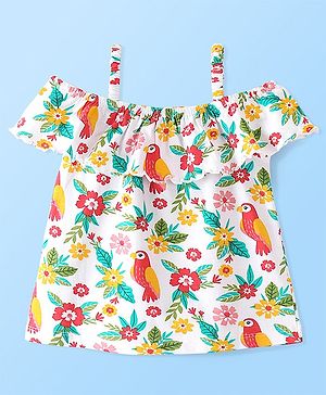 Babyhug 100% Rayon Woven Sleeveless Top with Frill Detailing Floral & Bird Print -White