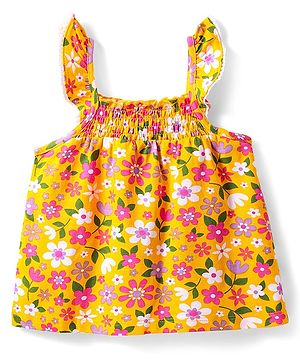 Babyhug 100% Cotton Knit Sleeveless Top with Frill Detailing & Floral Print - Yellow