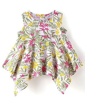 Babyhug 100% Cotton Knit Sleeveless Top with Bow & Floral Print- Off White
