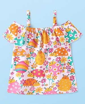 Babyhug Cotton Knit Off Shoulder Sleeves  Top Floral Print- White