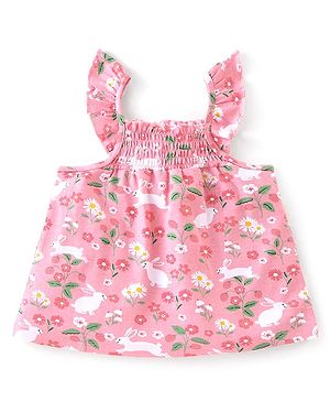 Babyhug 100% Cotton Knit Frill Sleeve Cropped Top With Floral Print - Pink
