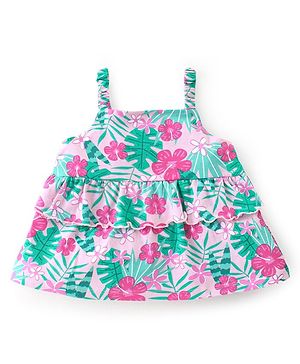 Babyhug 100% Cotton Knit Sleeveless Cropped Top With Frill Detailing & Tropical Print - Pink