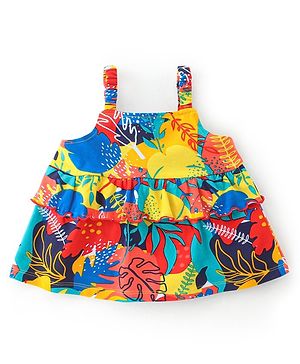 Babyhug Cotton Knit Sleeveless Tropical Printed Top with Frill Detailing - Multicolour