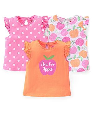 Babyhug 100% Cotton Knit Sleeveless T-Shirt with Frill Detailing Apple Print Pack of 3 - Multicolour