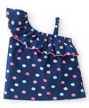 Babyhug Cotton Sleeveless One Shoulder Top With Polka Dot Print - Navy