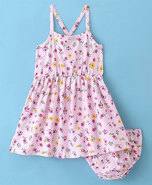 Doodle Poodle 100% Cotton Sleeveless Floral Printed Frock with Bloomer - Pink