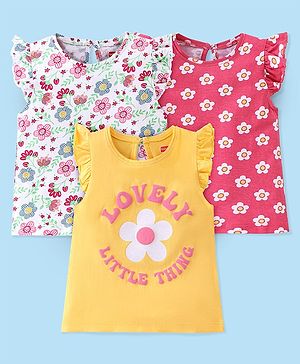 Babyhug Cotton Knit Frill Sleeves T-Shirt Floral Print- White Yellow & Pink