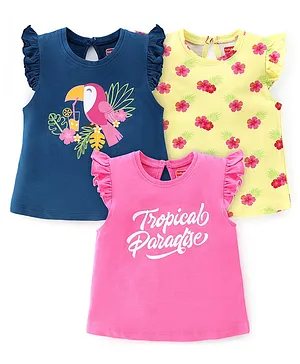Babyhug Cotton Knit Frill Sleeves T-Shirts with Floral & Tropical Birds Print Pack of 3 - Yellow Navy & Pink