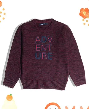 Wingsfield Full Sleeves Adventure Text Embroidered Acrylic Sweater - Wine Purple