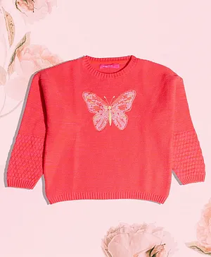 Wingsfield Full Sleeves Butterfly Sequin Embellished Acrylic Sweater - Coral Red