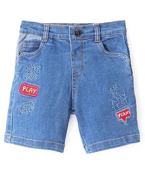 ToffyHouse Cotton Knit Denim Shorts with Text Embroidery - Blue