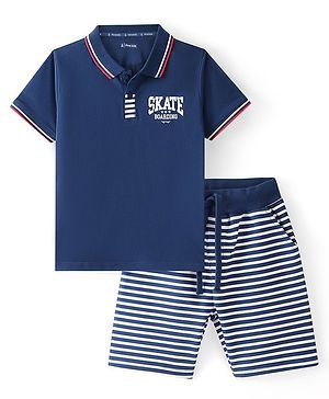 Pine Kids Single Jersey Knit Half Sleeves Polo  T-Shirt & Striped Shorts Set with Text Print - Navy Blue