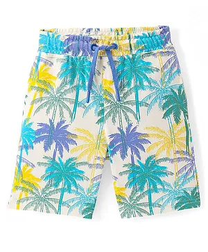 Pine Kids Terry Knit Above Knee Length Shorts Palm Tree Print- Off White