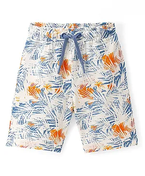 Pine Kids 100% Cotton Knit Above Knee Length Shorts With Tropical Print - Off White