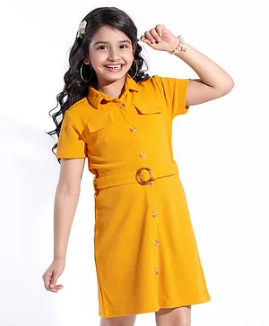 Hola Bonita Texture Fabric Half Sleeves Shirt Dress with Belt - Yellow