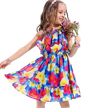 Ollington St.  Georgette Sleeveless Flared Frock With Floral Print - Multicolour