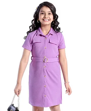 Hola Bonita Texture Fabric Half Sleeves Solid Color Shirt Dress With Belt -  Purple