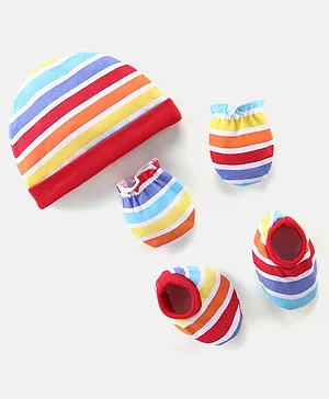Babyhug 100% Cotton Knit Striped Cap Mittens & Booties Set - Multicolour