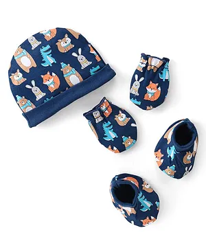Babyhug 100% Cotton Knitted Cap Mittens & Booties with Animal Print- Blue