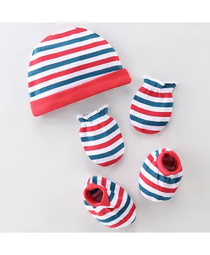 Babyhug 100% Cotton Knit Cap Mittens & Booties Set Stripes Print- Red Blue & White