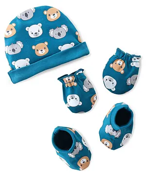 Babyhug 100% Cotton Knit Cap Mittens & Booties  Koala & Bear Print- Navy Blue