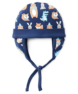 Babyhug 100% Cotton Knit Animal Print Cap- Navy Blue