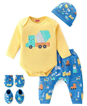 Babyhug 100% Cotton Knit Full Sleeves Onesie with Diaper Pant Cap Mittens & Booties Truck Print - Yellow & Blue
