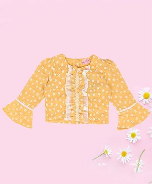 Cutecumber Full Bell Sleeves Frill Detailed & Daisy Flowers Printed Top - Yellow