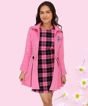 Cutecumber Full Sleeves Placement Heart Embellished Long Coat With Window Pane Checked Shift Dress - Pink