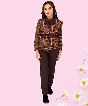 Cutecumber Full Sleeves Plaid   Checked Blazer Top  With Coordinating Pant  And Detachable Belt -Brown