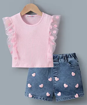Kookie Kids Sleeveless Top & Shorts with Frill Detailing Heart Print - Pink