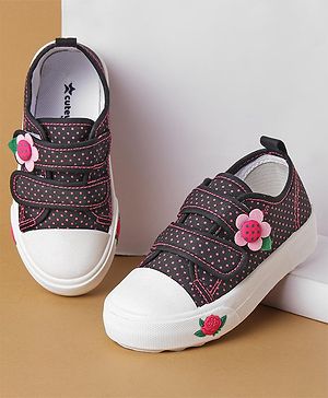 Cute Walk by Babyhug Polka Dots Printed Casual Shoes with Velcro Closure & Floral Applique - Black