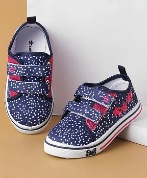 Cute Walk by Babyhug Polka Dots Printed Casual Shoes with Velcro Closure & Floral Applique - Blue