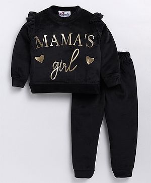 M'andy Velvet Full Frill Sleeves Mamas Girls Foil Printed   Track Suit Set -  Black