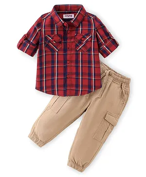 Babyhug Cotton Woven Full Sleeves Checkered Shirt & Cargo Pant Set - Red & Beige