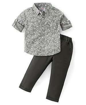 Babyhug Cotton Woven Full Sleeves Shirt & Trouser Set Leaf Print - Green